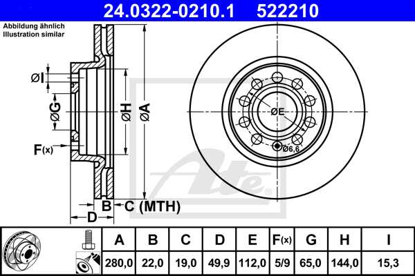 ATE disk ploča VW 24.0322-0210.1 golf 1.9tdi 03 ->, d280/22 sport
